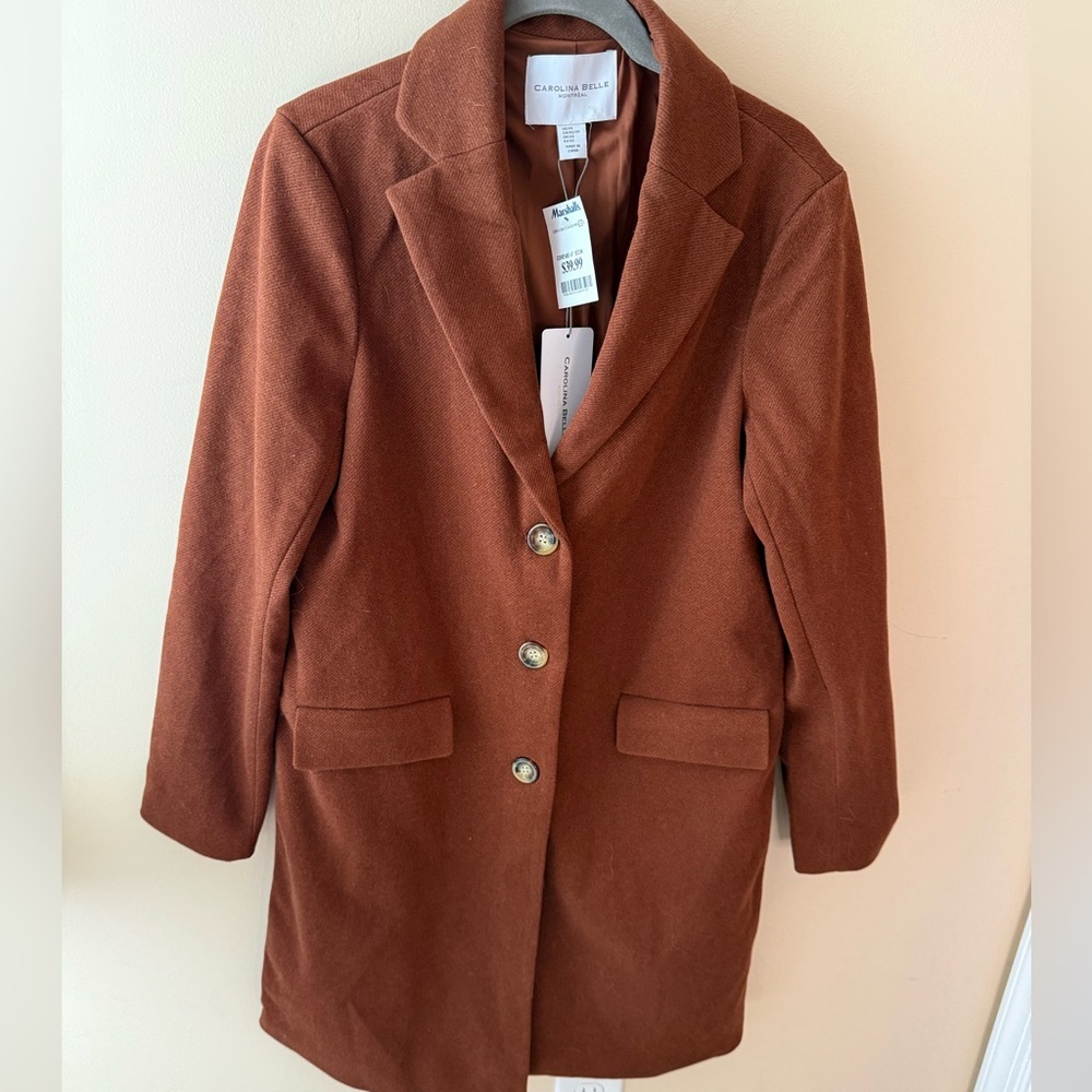 Carolina Belle Montreal Soft Stretch Long Blazer Jacket Pea Coat Brown XS NWT